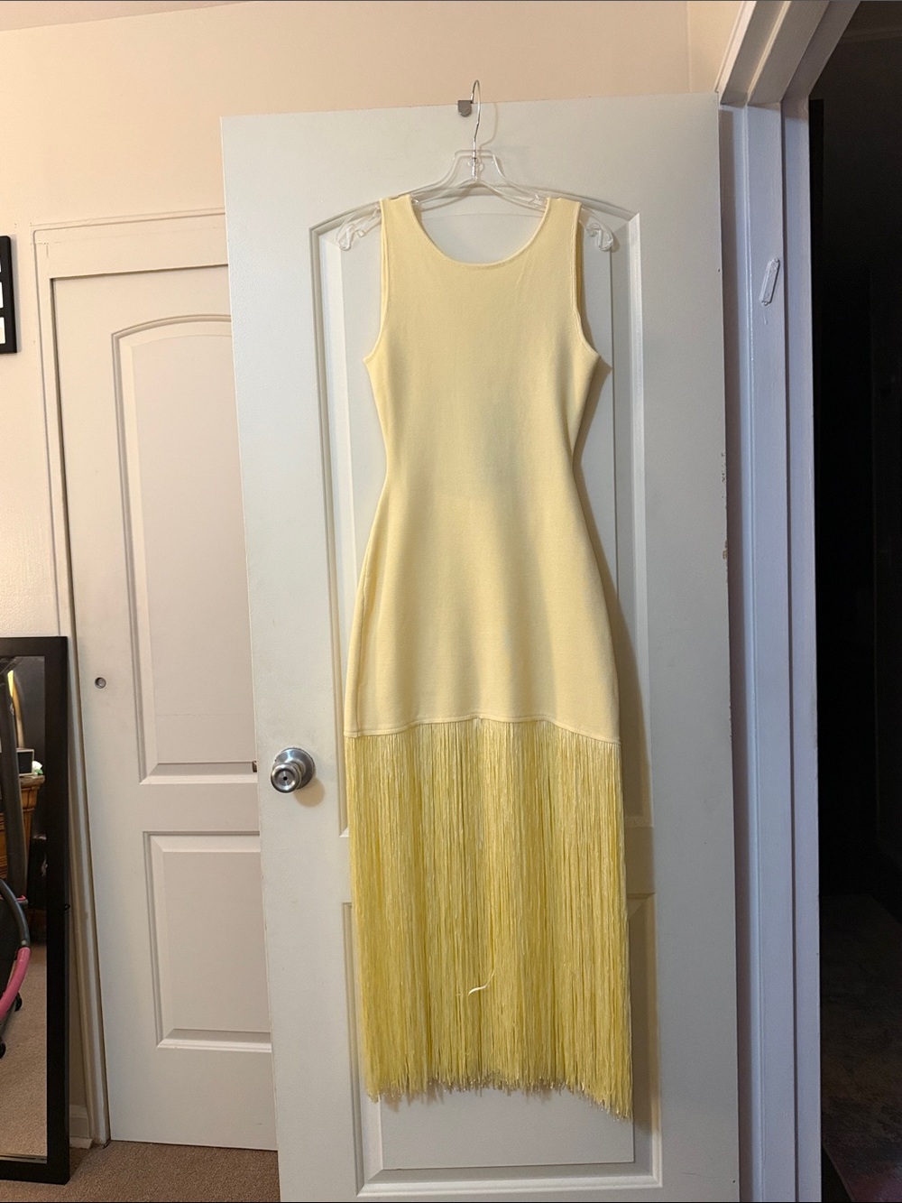 Sleeveless Yellow Midi Dress with Fringe Hem and open back